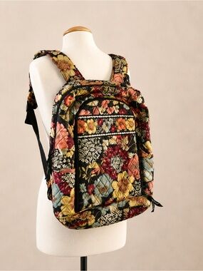 Vera Bradley Black Quilted Floral Backpack with Multicolor Blooms